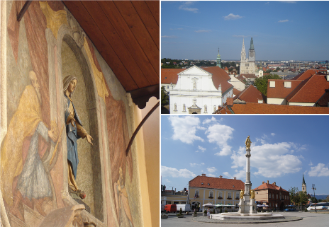 Zagrzeb - stolica Chorwacji. Na zdjęciach: figurka Matki Boskiej z fasady jednego 
z kościołów klasztornych w centrum miasta; panorama starówki z wieżami Katedry
